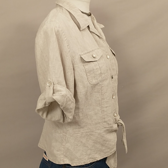 Natural 100% Linen Short Tie Front Top Sexy Safari Neutral Shirt 41" Bust MrkLg - Picture 2 of 13